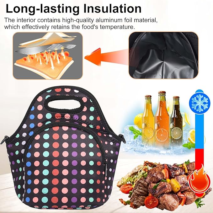 CILLA Neoprene Lunch Bag for Women Insulated Lunch Tote Bags Washable Lunch Container Box Picnic Lightweight Meal Prep Bags(Small Colored Dots+)
