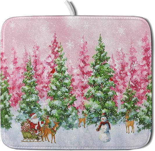 Santa Claus Dish Drying Mats for Kitchen Counter Watercolor Forest Decoration Coffee Mat for Table Decor