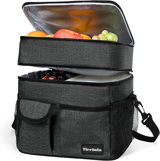 Tirrinia Large Insulated Lunch Box for Women Men, Double-Layer Leak-Proof Reusable Lunch Bag with 4 Pockets for Adult, Lunch Bag Cooler Tote for Office Work and Travel,Black
