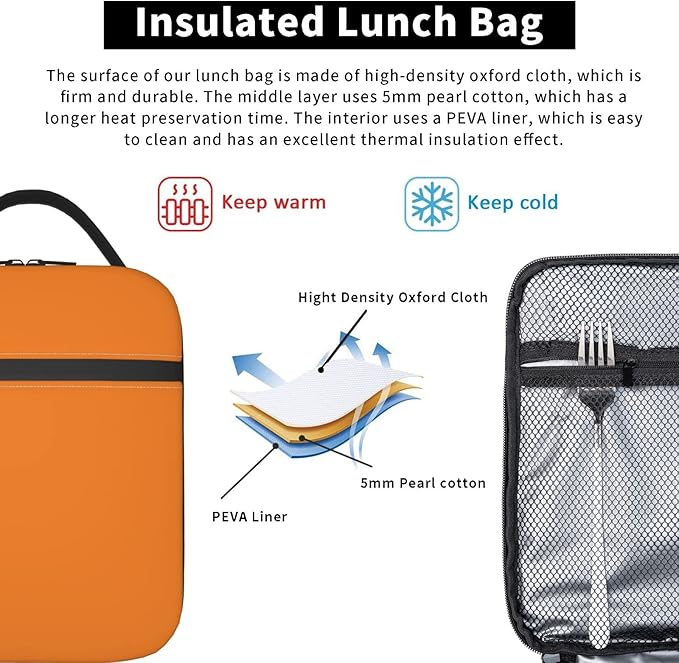 Reusable Orange Lunch Box for Adult Women Men Insulated Orange Lunch Bag for Teens Picnic Boating Beach Fishing Work