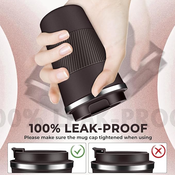 Insulated Coffee Tumbler 12 oz, Stainless Steel Coffee Mug with Lids, Travel Coffee Mug Leak Proof, Double Wall Vacuum Insulated Reusable Coffee Cup, Keep Drinks Hot and Cold, Dark Chocolate, 12 Ounce