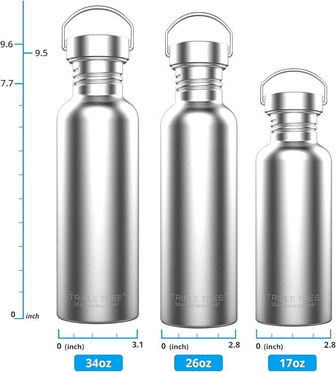 TRIPLE TREE 26 OZ Uninsulated Single Walled Stainless Steel Sports Water Bottle 18/8 Food Grade for Cyclists, Runners, Hikers, Beach Goers, Picnics, Camping - BPA Free