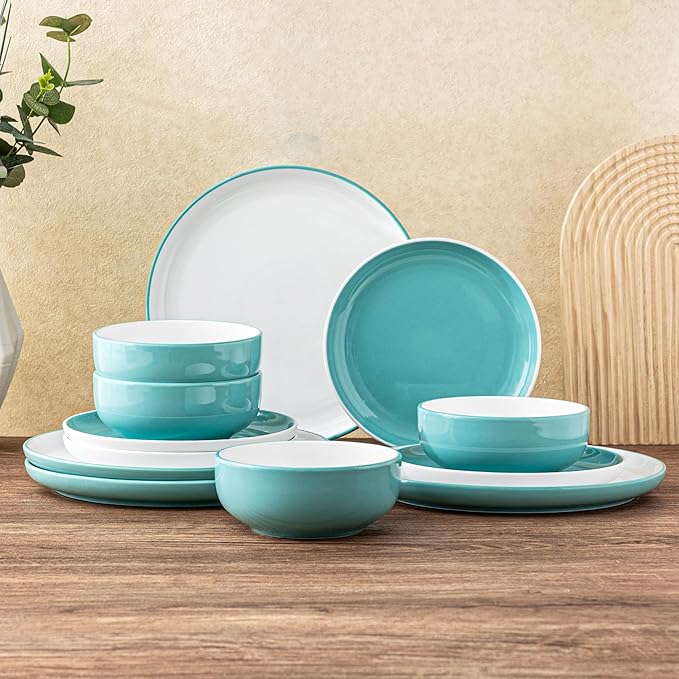 GBHOME 12 Pieces Ceramic Dinnerware Set, Modern White Dish Set for 4，Scratch Resistant Smooth Plates and Bowls Sets，Oven Safe，Microwave & Dishwasher