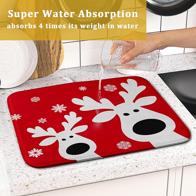 Xmas Dish Drying Mat for Kitchen Counter Cute Reindeer Holiday Snowflake Microfiber Absorbent Dish Draining Reusable Washable Foldable 16"x18"