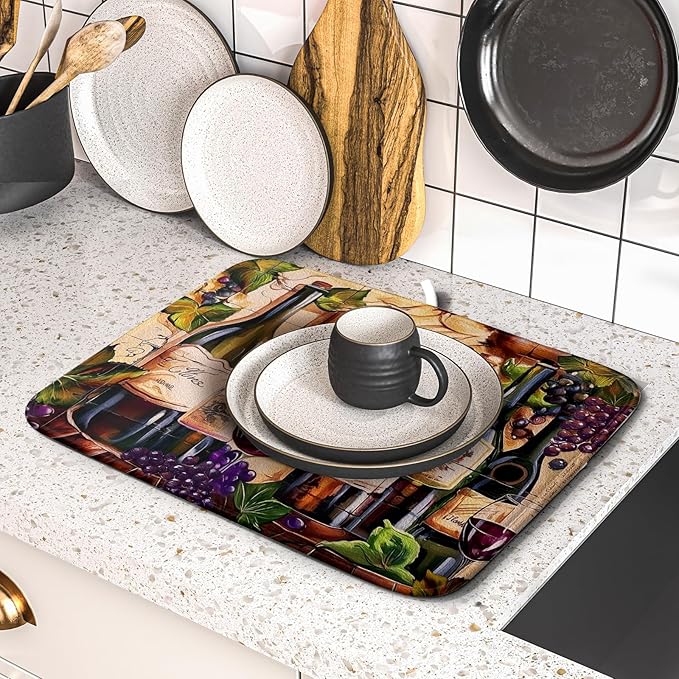 Wine Dish Drying Mat for Kitchen Counter Vintage Wine Glasses Dish Drainer Mats Absorbent Microfiber Dishes Pad Reusable Washable Large Dish Draining Mat 16x18 Inch