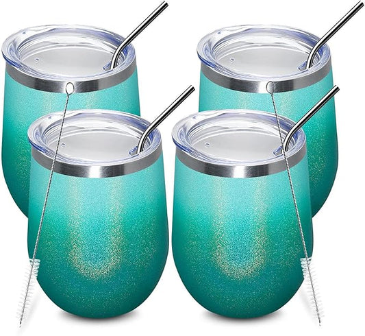 MEWAY 12oz/4 Pack Wine Tumbler Glasses with Lid - Stemless Double Wall Vacuum Stainless Steel Glitter Tumbler - Keeping Cold & Hot Cup for Coffee,for Women(Gradient Blue,Set of 4)