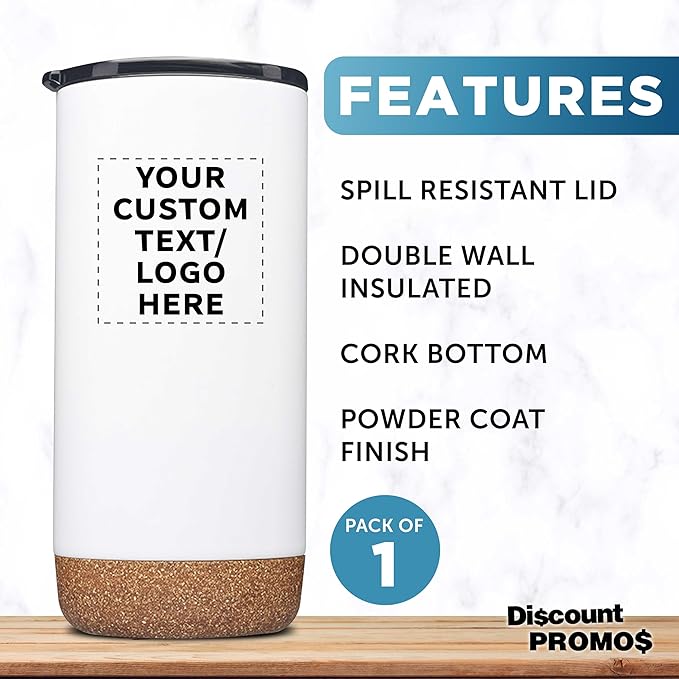 DISCOUNT PROMOS Custom Travel Tumblers with Cork Bottom 16 oz. Set of 1, Personalized Bulk Pack - Double Wall Insulated, Matte Finish, Perfect for Iced Coffee, Soda, Other Beverages - White