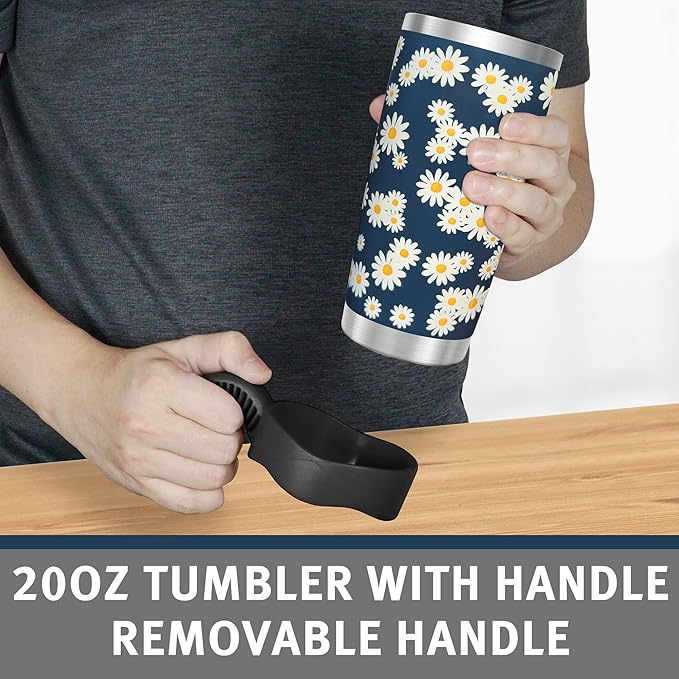 WETOWETO 20oz Tumbler with 2 lids and 2 straws, Stainless Steel Vacuum Insulated Water Coffee Tumbler Cup with Handle, Double Wall Powder Coated Spill-Proof Travel Mug (Daisy Flower, 1 Pack)