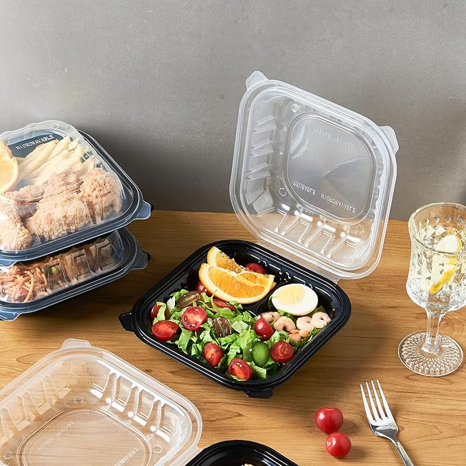 CIAO! 8"x8"x3" Polypropylene Black bottom with Clear Lid Hinged Container 3 Compartment Take Out Container, Microwavable, Recyclable and Reusable, (Case of 150)