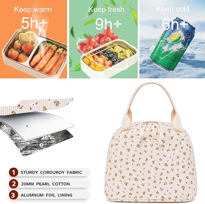 Bluboon Lunch Bag for Women Men Cute Corduroy Lunch Tote Bags Reusable Insulated Lunch Box Large Capacity Reusable Insulated Cooler for Work Picnic or Travel