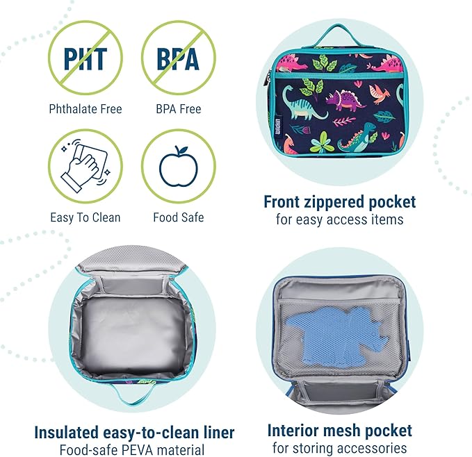 Wildkin Kids Insulated Lunch Box – Durable and Reusable for School & Travel - Darling Dinosaurs