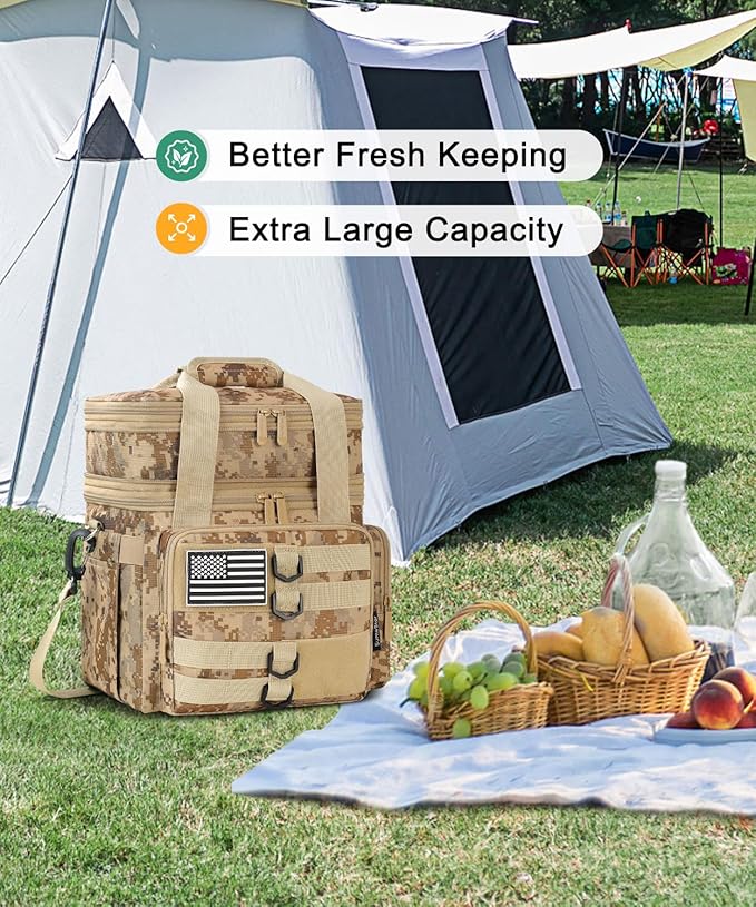 Tactical Lunch Box for Men, Large Insulated Lunch Bag for Adult, Heavy Duty Double Deck Expandable Lunch Cooler Bag with American Flag, Leakproof Soft Lunch Pail for Work Office Camping - Camo khaki