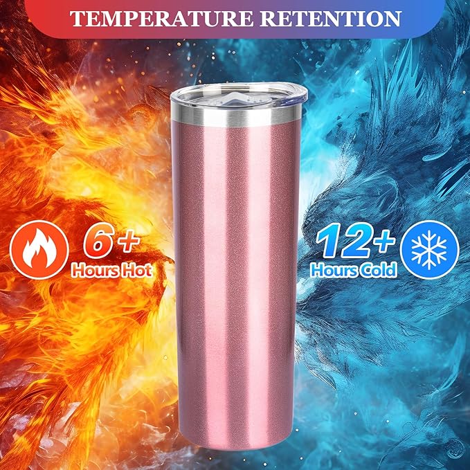 20 oz Skinny Tumblers with Lid and Straw,Stainless Steel Vacuum Insulated Tumbler Cup Double Wall Travel Coffee Mug, Thermal Water Tumbler for Hot and Cold Drinks(Rose Gold,1)