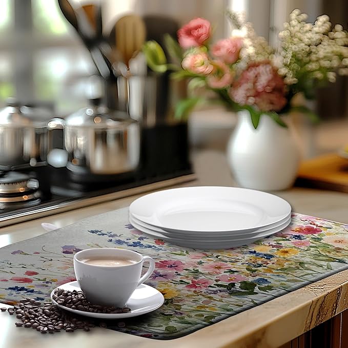 Spring Floral Dish Drying Mat for Kitchen Counter Summer Colorful Flower Kitchen Dishes Dryer Pad Absorbent Matt Microfiber Washable Foldable Reusable Large 18x24 in