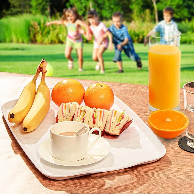 TP Serving Tray with Handles, Large Rectangle Melamine Serving Platter Set of 2, Pure White (19” x 12”)