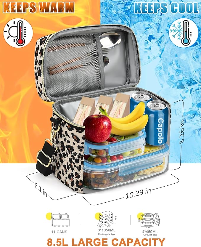 Capolo Lunch Box for Women Men Adults,Insulated Lunch Bag Leakproof Lunch Cooler Box with Removable Strap Cute Lunch Tote Bags Reusable Thermal Lunchbox for School Work Picnic(Small,Leopard)