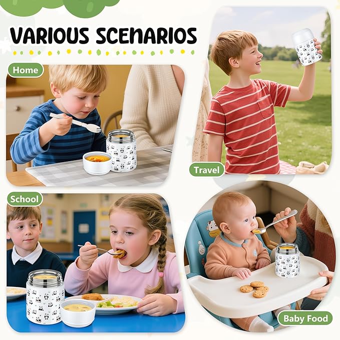 10oz Soup Thermo for Hot Food Kids Insulated Food Jar with Spoon Wide Mouth Stainless Steel Lunch Container Leak Proof Vacuum Food Box for School Travel Picnic White Panda