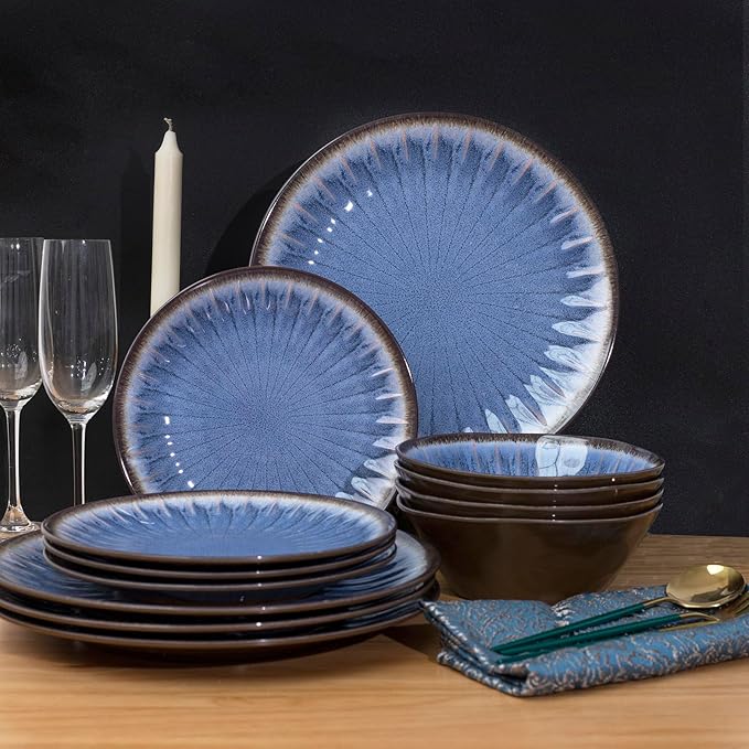 Melamine Dinnerware Sets 12 Pcs, Plates and Bowls Sets, Melamine Plates, Outdoor Dishes Sets, Unbreakable Dinnerware, Serving Dishes for Entertaining, Dishwasher Safe, BPA Free (Classic Blue)