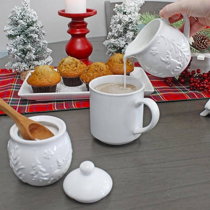 AuldHome Design Reindeer Christmas Cream and Sugar Set; Ceramic Embossed White Serving Sugar Bowl and Cream Pitcher