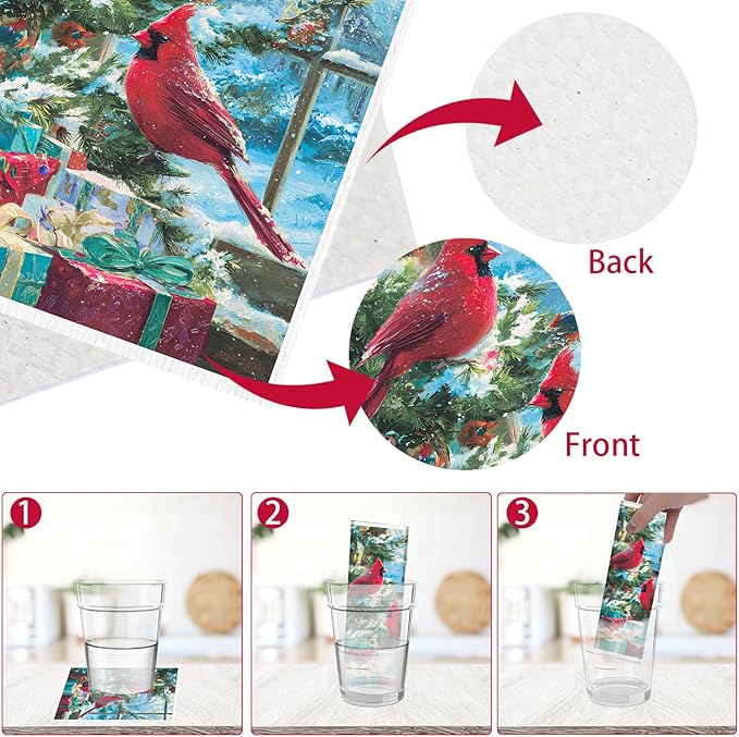 Cardinal Swedish Dishcloths for Kitchen - 6PCS Cardinal Bird Christmas Swedish Cloths for Washing Dishes, Winter Christmas Reusable Dish Towels, Xmas Washable Cleaning Sponge Gifts