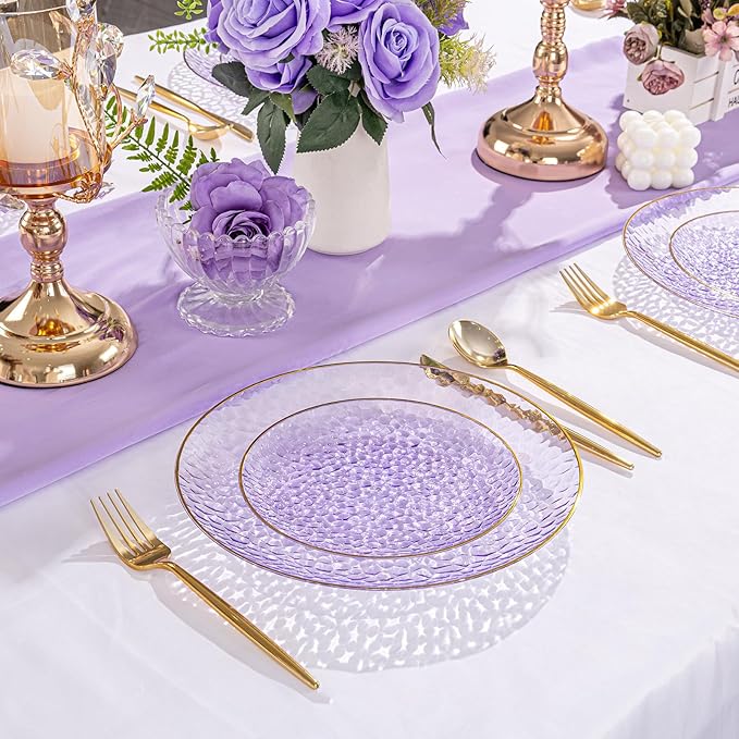 SUT 36Pcs Purple Plastic Plates, Hammered Plates Disposable Heavy Duty, Purple Disposable Plates With Gold Rim, Fancy Plastic plates Include 18 Dinner and 18 Dessert plates for Wedding