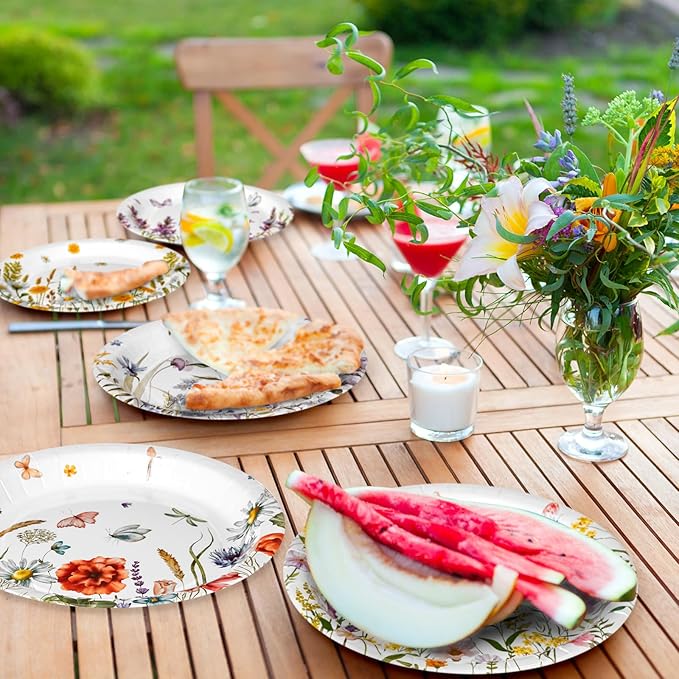 Zhehao 50 Pcs Wildflower Paper Plates 9 Inch Disposable Summer Plates Party Decoration for Birthday Picnic Spring Wedding Baby Shower