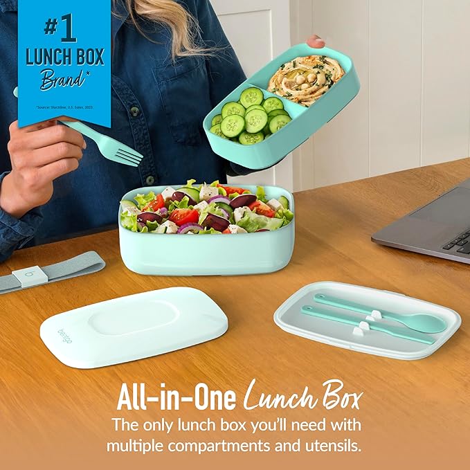 Bentgo Classic - Adult Bento Box, Stackable 3-Compartment Lunch Box with Removable Utensil Set and Sealing Strap, BPA-Free, Food Container Ideal for Meal Prep, Work, and On the Go (Coastal Aqua)