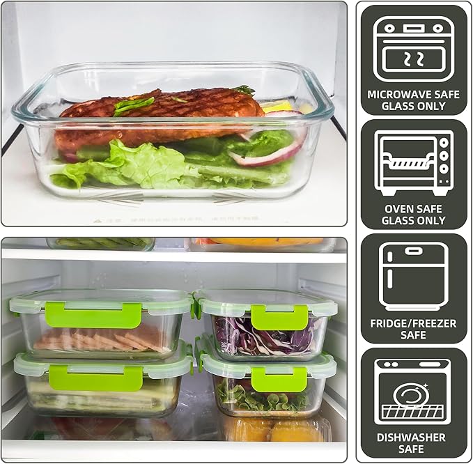 10 Pack Glass Food Storage Containers with Airtight Lids, Ideal for Meal Prep, Lunches - Microwave and Dishwasher Safe, Colorful