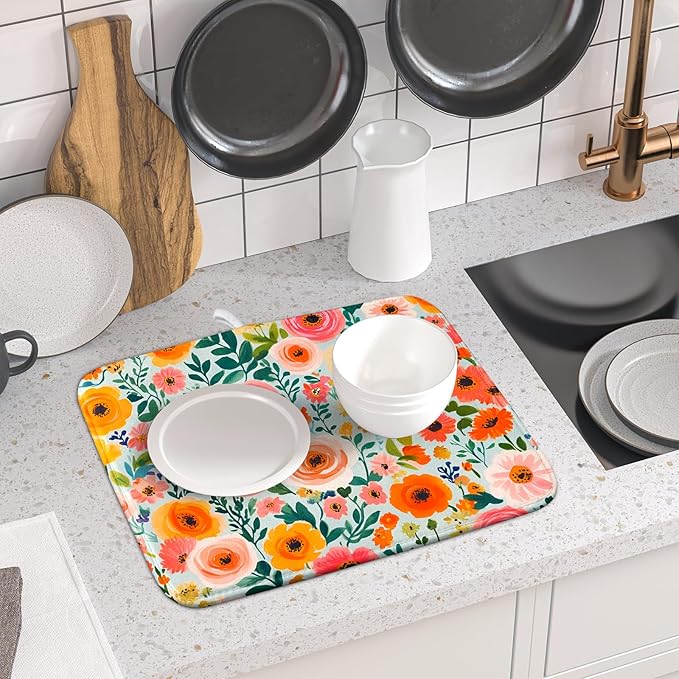 Spiral Flower Dish Drying Pad - Spring Bold Floral Printd Kitchen Countertop Cloth Pad for Home Decorative
