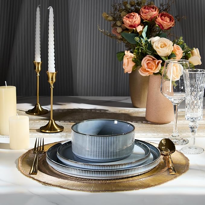 E-far 16 Piece Dinnerware Sets, Plates and Bowls with Pasta Bowls Service for 4, Modern Stoneware Ribbed Dishes for Kitchen Dining, Microwave & Dishwasher Safe, Dusty Blue