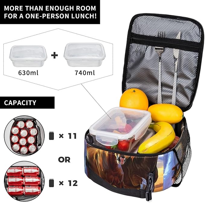 Running Horse Lunch Box for Women Men Boys Kids, Insulated Cooler Beautiful Horse Lunch Bag for School, Picnic, Office, Travel, Work, Portable Reusable Polyester Thermal Tote Lunch Bags