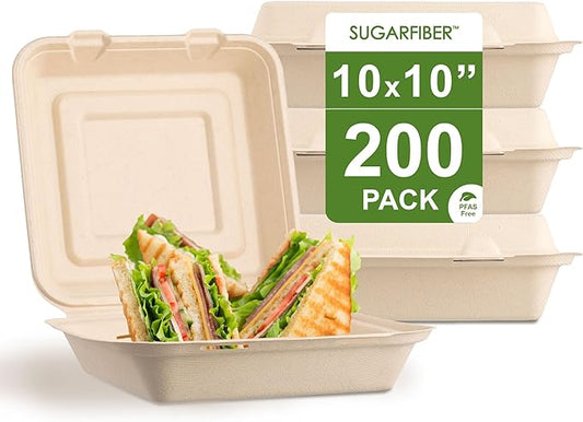 [200 COUNT]Sugarfiber by Harvest Pack PFAS FREE 10 X 10" Compostable Clamshell Food Containers, Heavy-Duty Hinged Container, Disposable Bagasse Eco-Friendly Natural Takeout to go Box