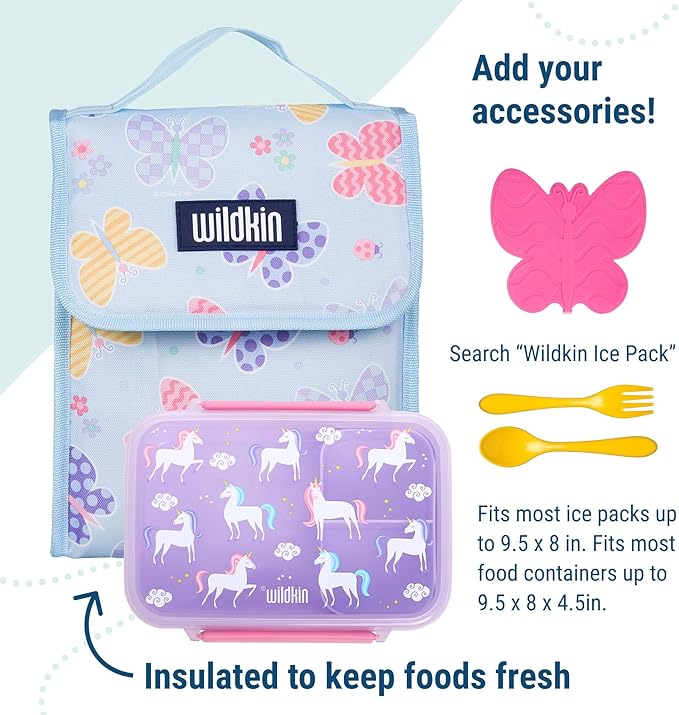 Wildkin Kids Insulated Lunch Bag – Reusable, Ideal for Hot/Cold Snacks, School & Travel - Butterfly Garden