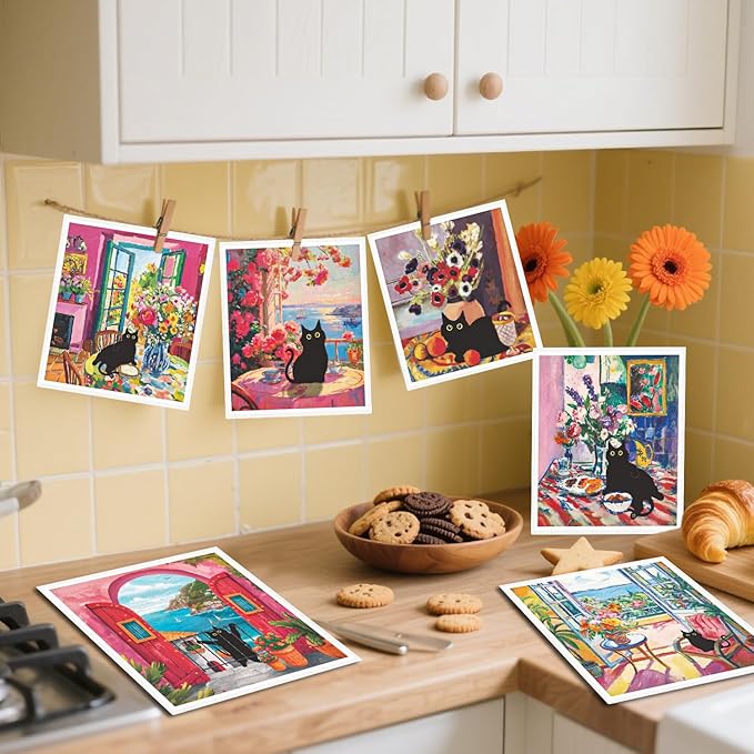 Black Cat Swedish Cloths - 6PCS Oil Painting Black Cat Swedish Dishcloths for Kitchen, Kitten Reusable Dish Towels for Washing Dishes, Washable Cleaning Sponge Gifts Quick Drying