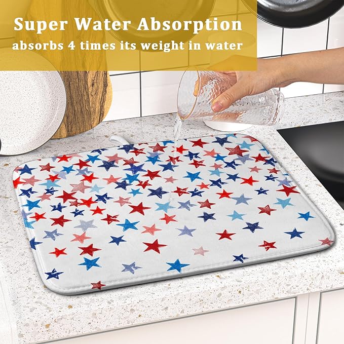 4th of July Dish Drying Mat for Kitchen Counter Patriotic Holiday Microfiber Absorbent Dish Draining Reusable Washable Foldable 16"x18"
