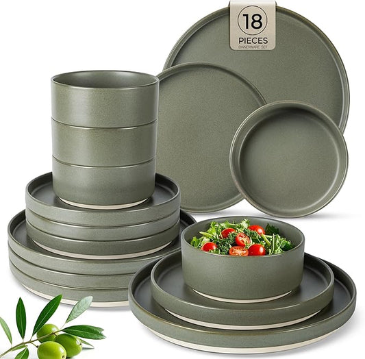 TheTerra Ceramic Dinnerware Sets for 6, 18 Pieces Handmade Reactive Glaze Plates and Bowls Set, Scratch Resistant Dish Set, Oven & Microwave & Dishwasher Safe, Matte Green