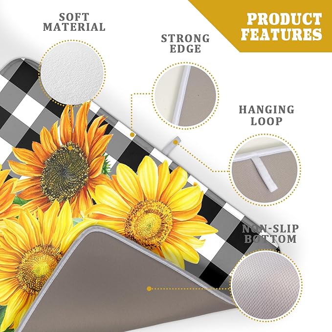 Sunflower Drying Mats for Kitchen Counter 18×24 Inch Black and White Buffalo Plaid Sunflower Large Drying Mat for Dishes Microfiber Dish mat Rack Mat Drainer Pad Washable Absorbent Dry Mat