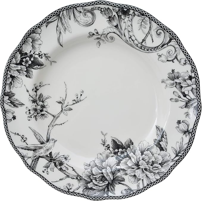 222 Fifth Adelaide 16-Piece Black Porcelain Dinnerware Set – Service for 4, Featuring Hand-Applied Romantic Woodland Bird Design, for Everyday Dining & Entertainment, Microwave & Dishwasher Safe