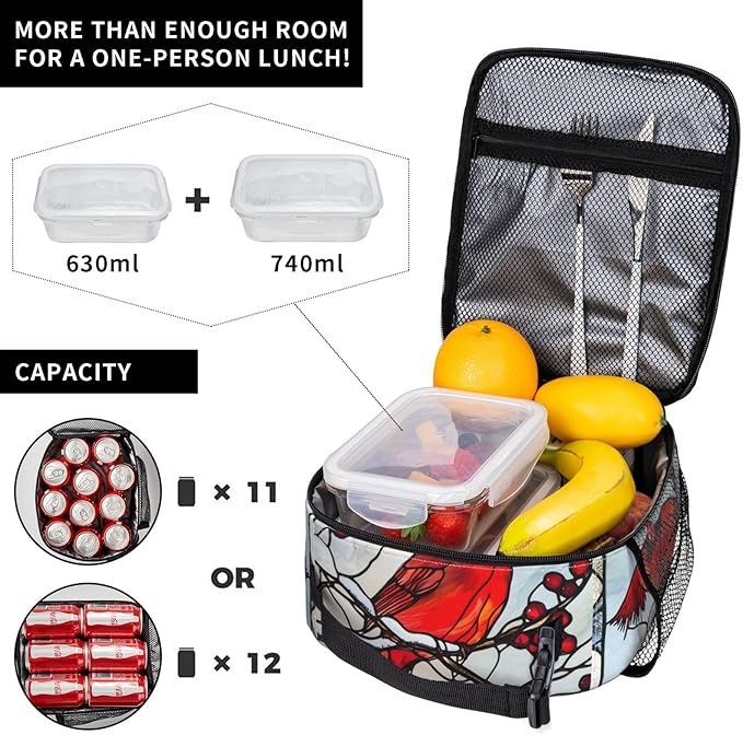 Cardinal Stained Glass Lunch Box for Women Men, Insulated Lunch Box, Reusable Lunch Bag for Office, Work, Picnic, Travel