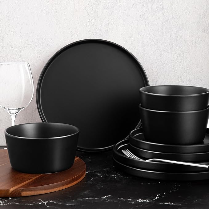 Zulay Kitchen Terra Plates and Bowls Sets, 16 Piece Modern Stoneware Dish Set for 4, Chip and Scratch Resistant Ceramic Dinnerware Set, Microwave and Dishwasher Safe, Matte Black