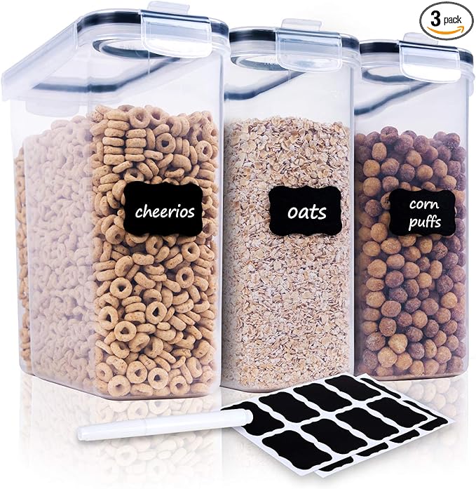 Cereal Containers Storage Set - 3 Piece Airtight Large Dry Cereal Container (135.2oz), BPA Free Dispenser Plastic Cereal Storage Containers with 16 Labels & Pen