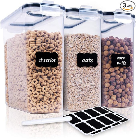 Cereal Containers Storage Set - 3 Piece Airtight Large Dry Cereal Container (135.2oz), BPA Free Dispenser Plastic Cereal Storage Containers with 16 Labels & Pen
