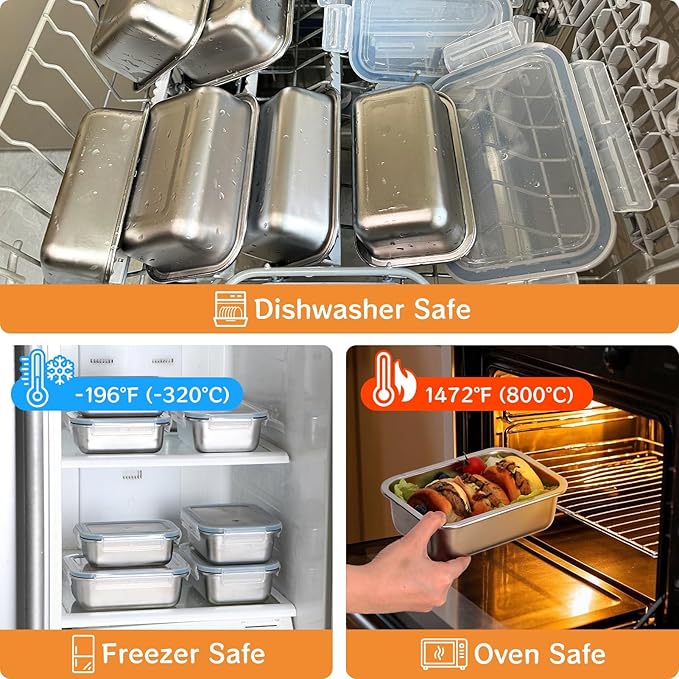 6-Piece 304 Stainless Steel Food Storage Containers with Lids, Leakproof & Airtight Bento Lunch Box, Oven/Freezer/Dishwasher Safe,Stackable Kitchen Storage Set