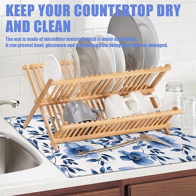 Blue Floral Dish Drying Mat for Kitchen Counter Flower Leaves Drying Pad Absorbent Reversible Dish Drainer Rack Mats Draining Pad 18"x24"Inch