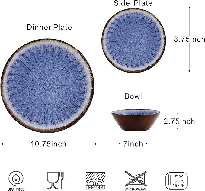 Melamine Dinnerware Sets 12 Pcs, Plates and Bowls Sets, Melamine Plates, Outdoor Dishes Sets, Unbreakable Dinnerware, Serving Dishes for Entertaining, Dishwasher Safe, BPA Free (Classic Blue)