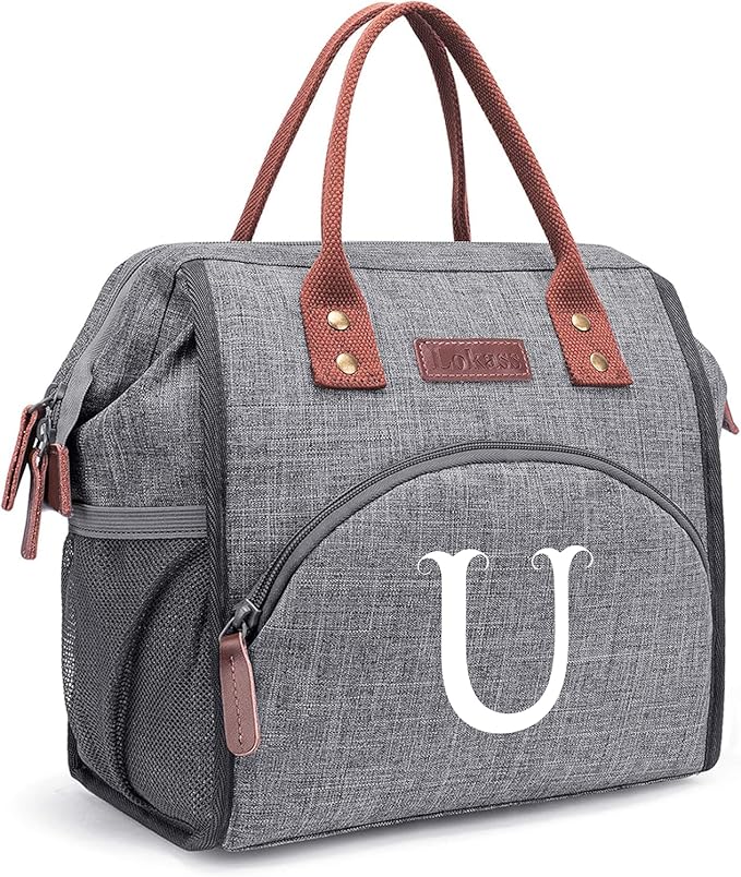 Personalized Lunch Box for Women, Initial Reusable Insulated Lunch Bag, Wide-Open Adult Lunchbox Cooler Lunchbag Snack Organizer, Initial Leakproof Lunch Tote Bag for Picnic Work Outdoors Grey - U