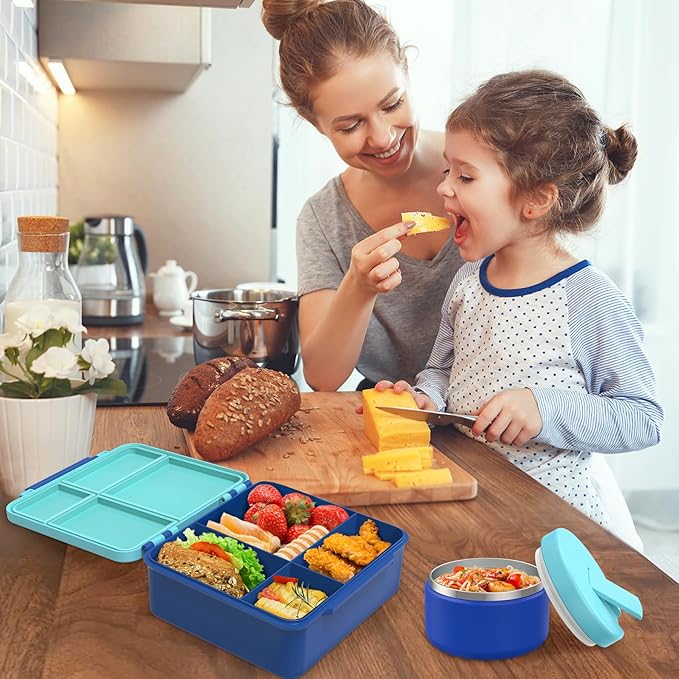 Bento Lunch Box with 8oz Soup Thermo, Kids Leakproof Lunch Food Containers with 4 Compartment, Kids Thermo Insulated Hot Food Jar for School, Trvael（Blue