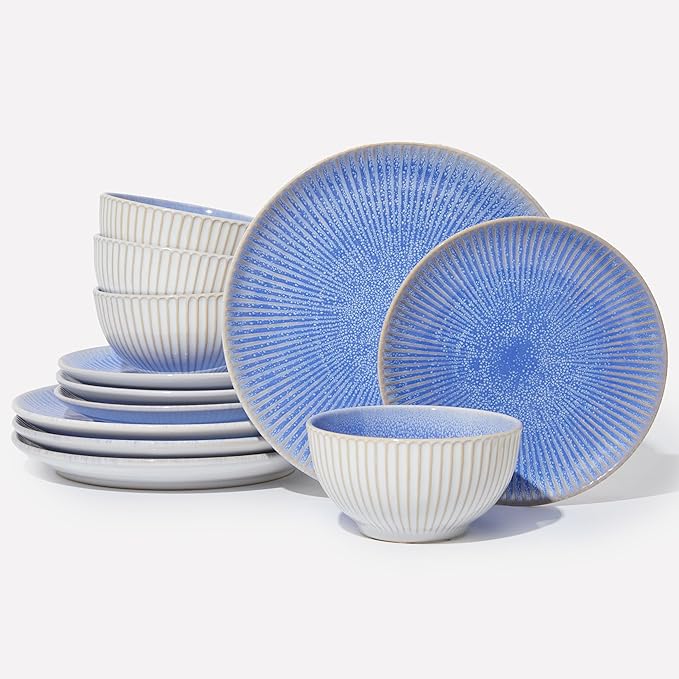 Ceramic Dinnerware Sets, Handmade Reactive Glaze Plates and Bowls Sets, Highly Chip and Crack Resistant Dish Set, Distinctive Granulated Surface Dishwasher & Microwave Safe Service for 4