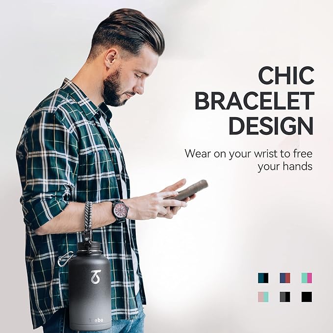 Trebo Water Bottle 64oz with Paracord Handle, Half Gallon Large Vacuum Double Wall Stainless Steel Insulated Water Jug with Straw Spout Handle Lids, Leakproof BPA-Free Keep Cold & Hot, Dark Gray