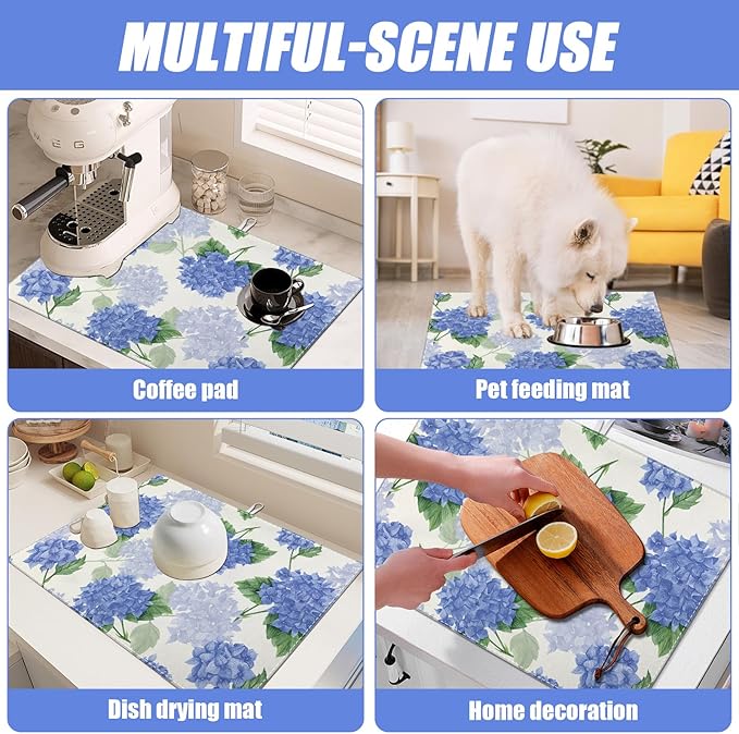 Blue Hydrangea Dish Drying Mat for Kitchen Counter Spring Floral Drying Pad Absorbent Reversible Dish Drainer Rack Mats Draining Pad 18"x24"Inch